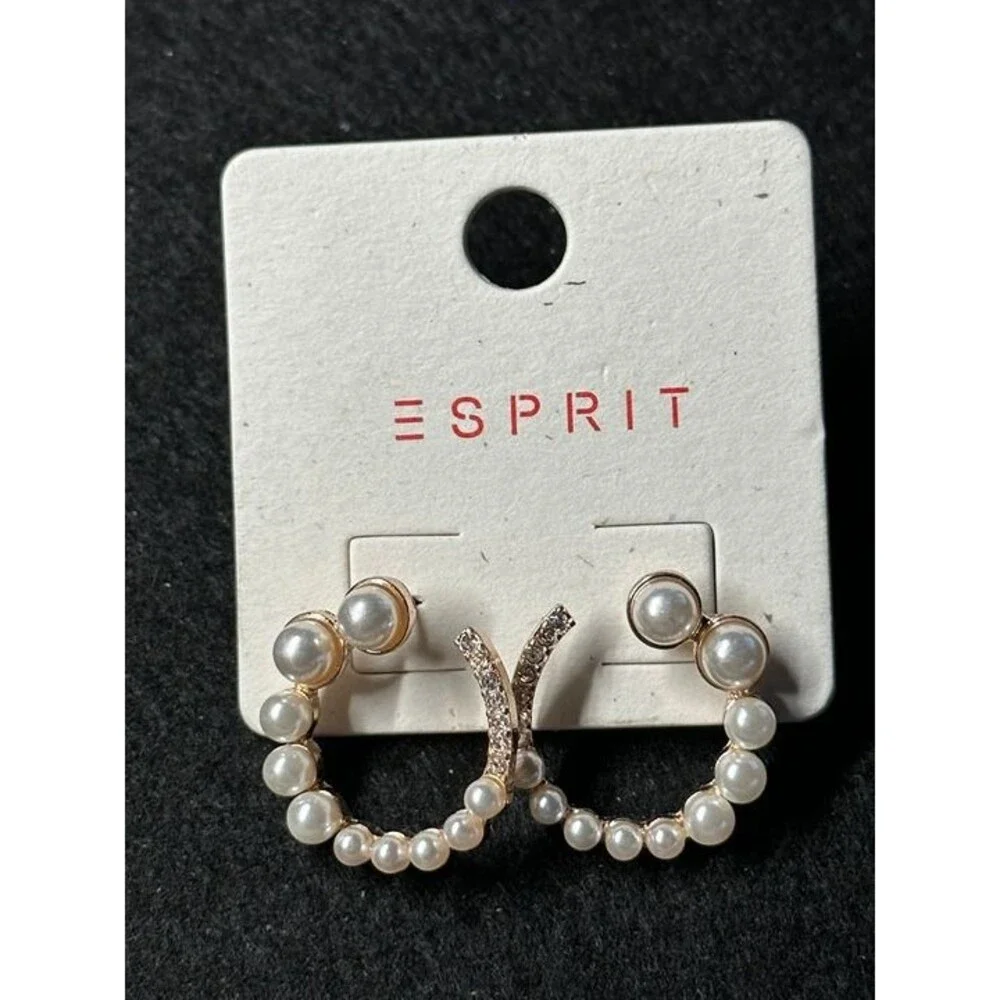 ESPRIT Gold Tone Pearl Rhinestone Hoop Earrings Crescent Style Boho New Pair
